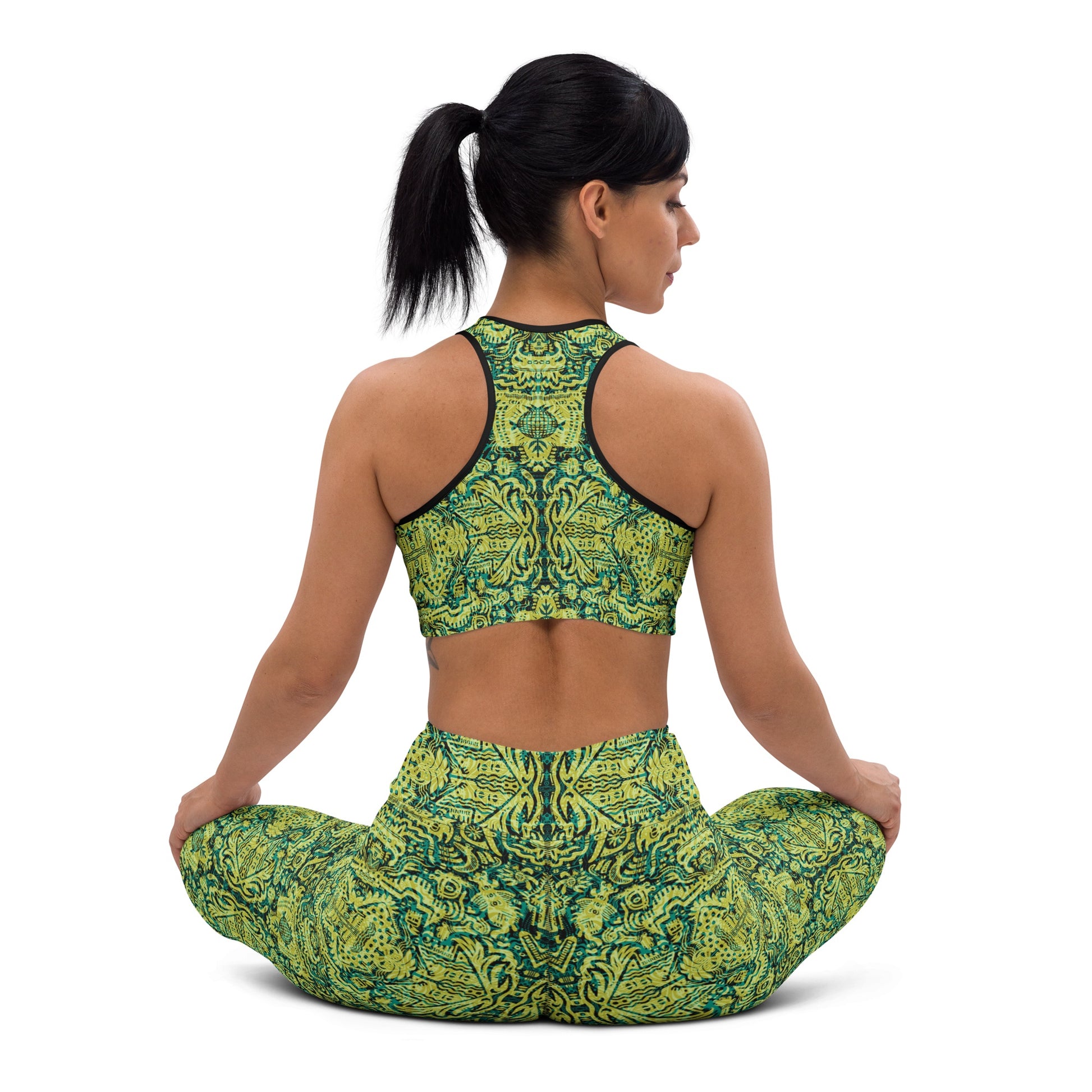 yoga model in green and lemon patterned leggings and crop top inspired by the 90s dance scene, designed by Fowl Plays Print Emporium.