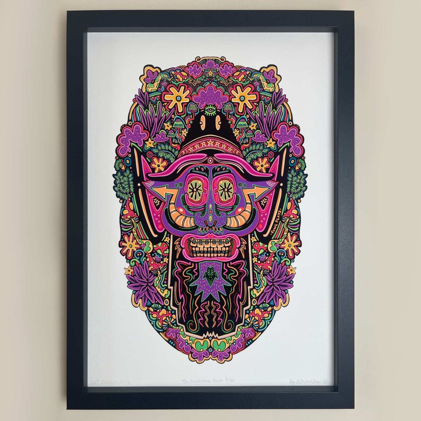 Framed print of a colourful man wearing braces and a fedora surrounded by muhrooms and plants