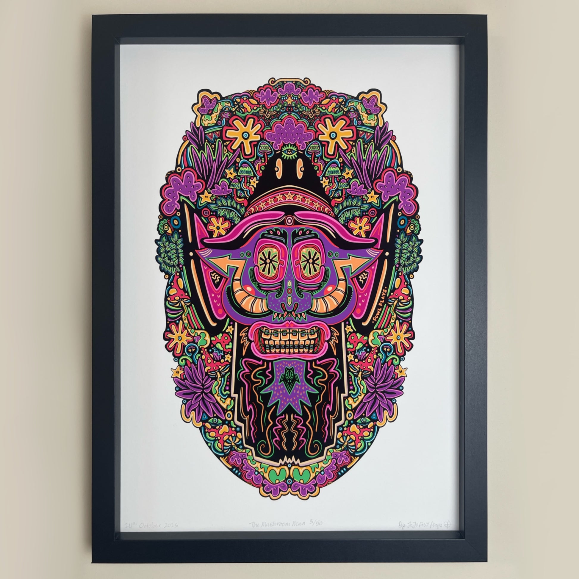 Framed print of a colourful man wearing braces and a fedora surrounded by muhrooms and plants