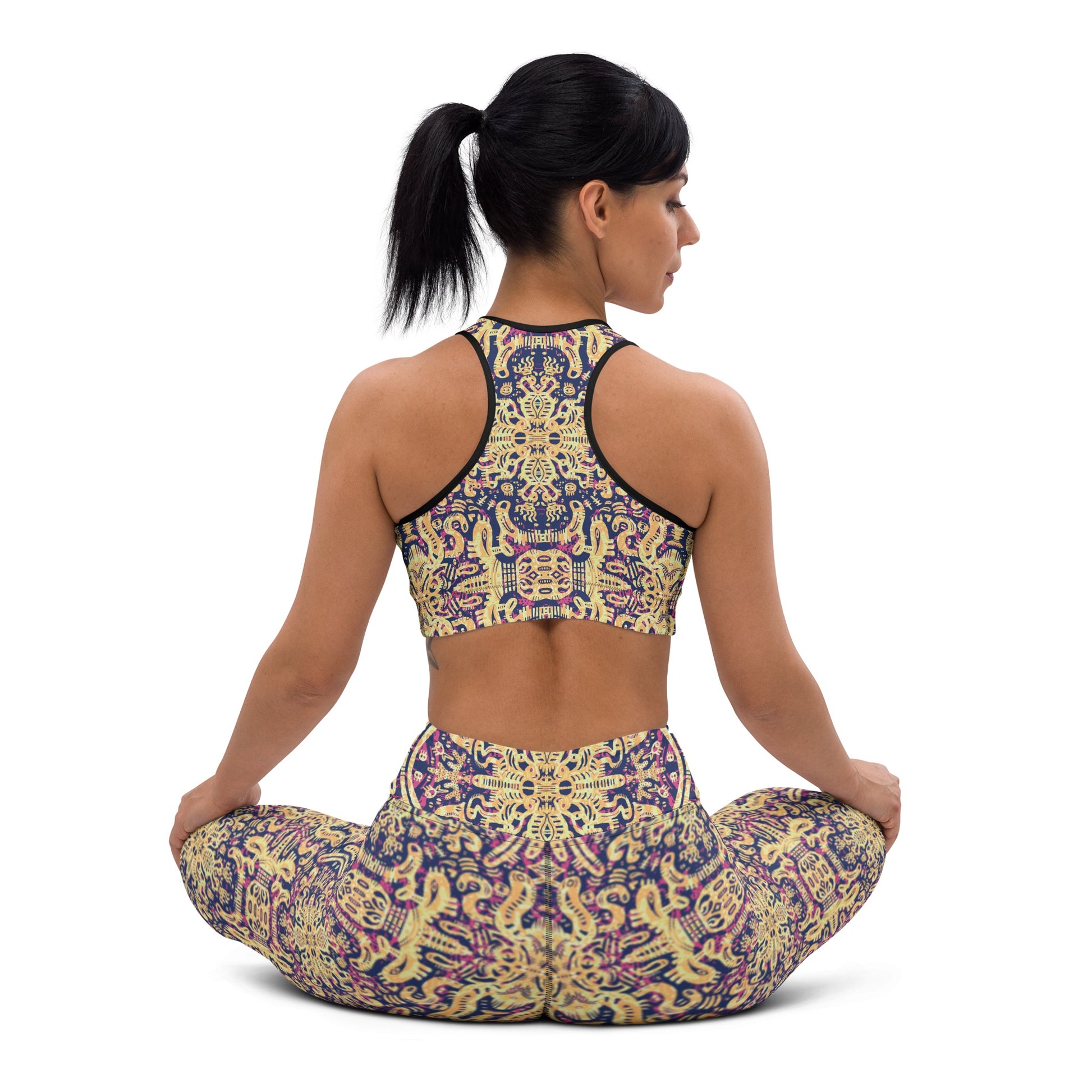 Blue, yellow and pink psychedelic leggings and crop top with octopus-inspired pattern designed by Fowl Plays Print Emporium.