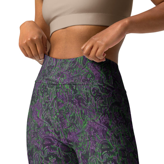 Purple and green dinosaur doodle leggings designed by Fowl Plays Print Emporium. yoga waist front