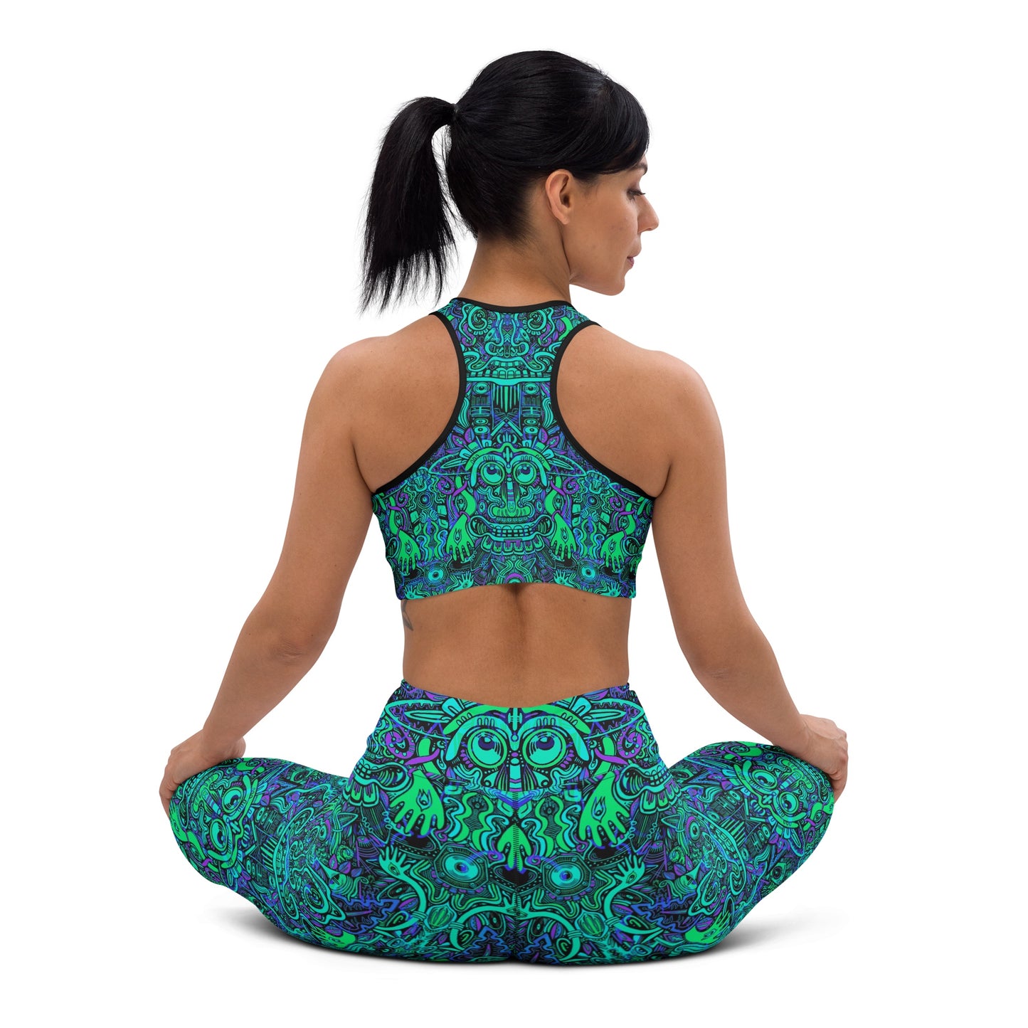 Fowl Plays turquoise and purple psychedelic print – activewear fabric detail with matching crop top