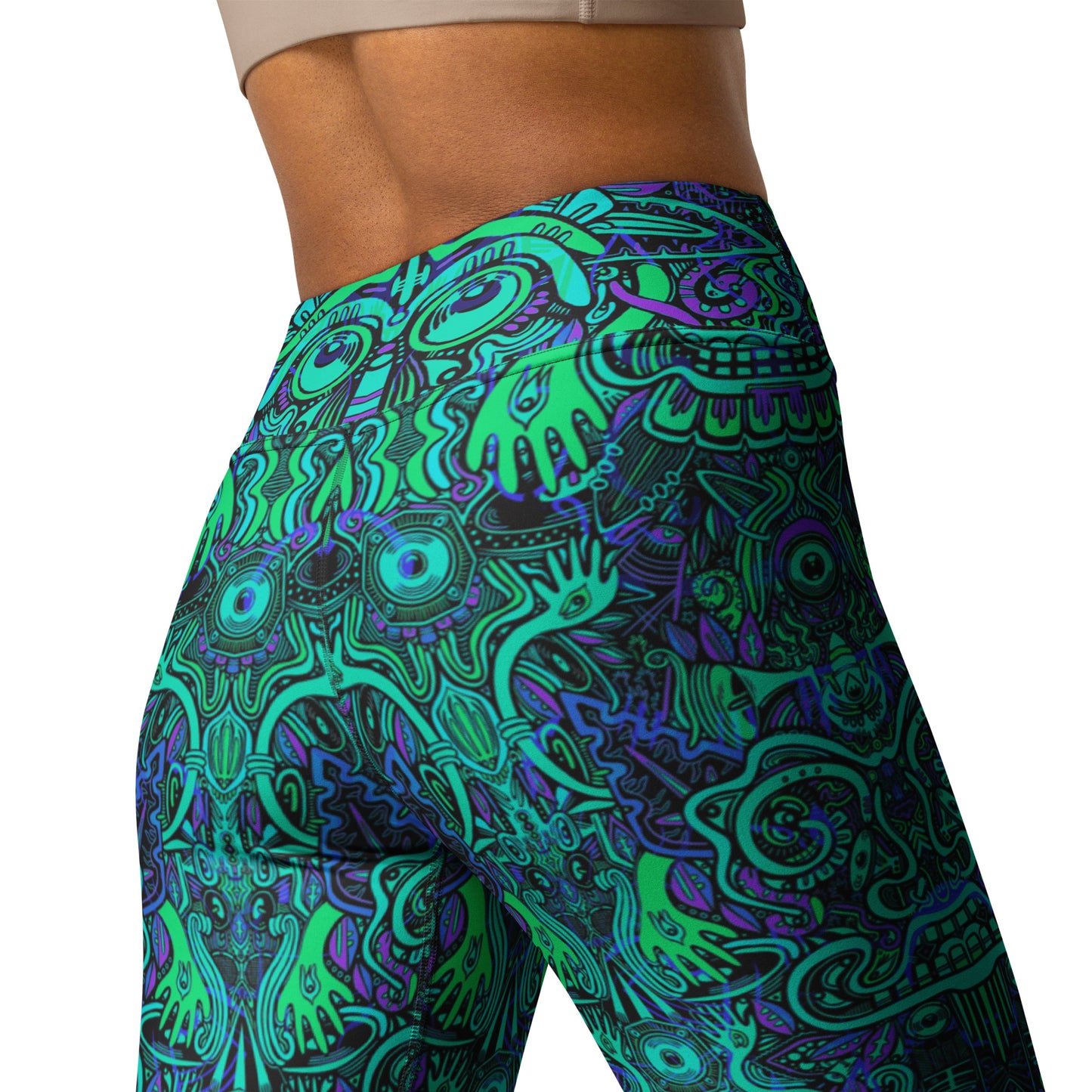 Close-up of turquoise and purple festival leggings with high waistband
