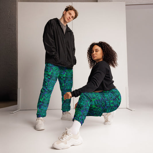 Turquoise and purple Ravealon Joggers – unisex festival streetwear by Fowl Plays Print Emporium