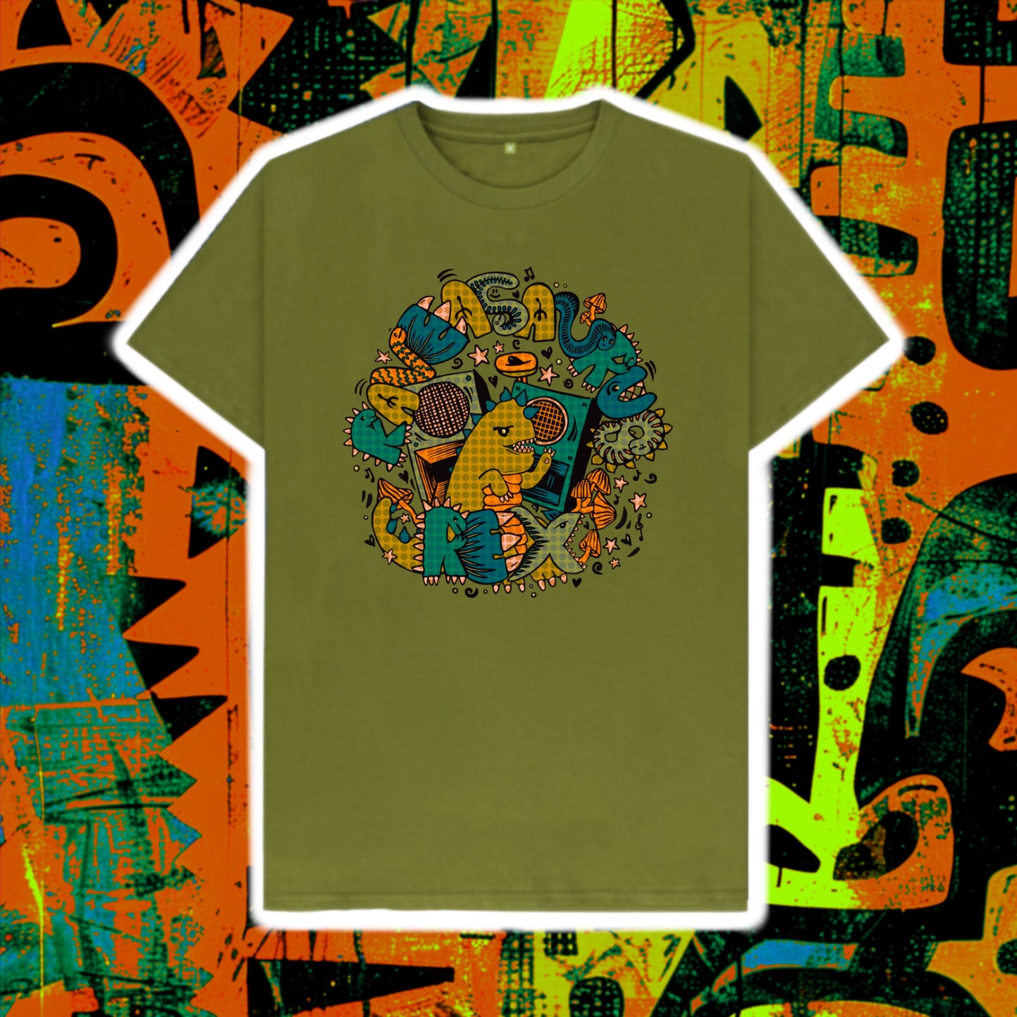 Raveasurus Rex Dinosaur Organic Cotton Unisex T-shirt Moss Green