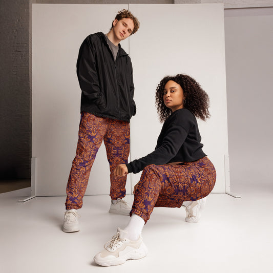 Purple and orange Royal We Joggers – unisex festival streetwear by Fowl Plays Print Emporium
