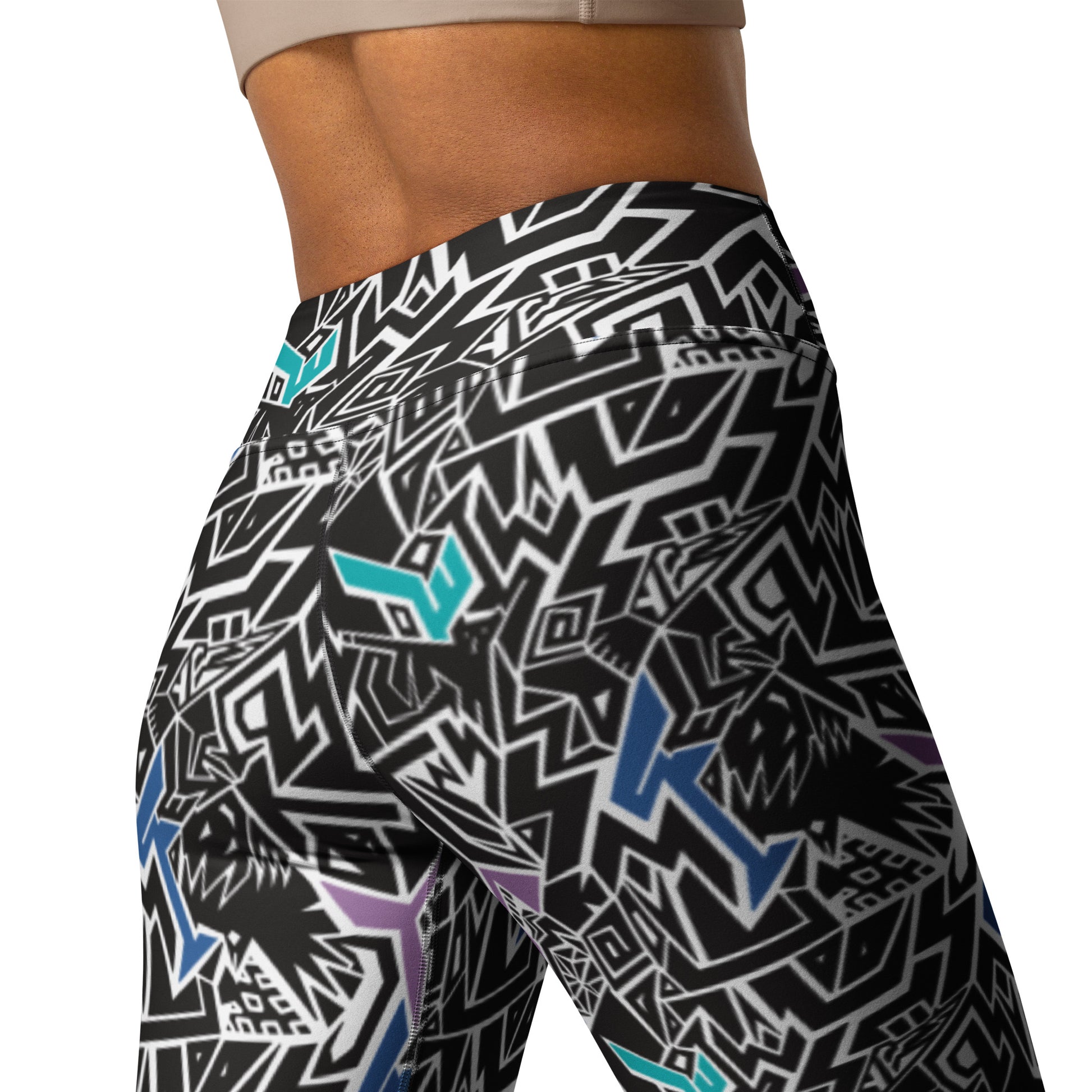 Purple abstract leggings with hidden ‘Smile at Life’ text – yoga or festival wear waistband back