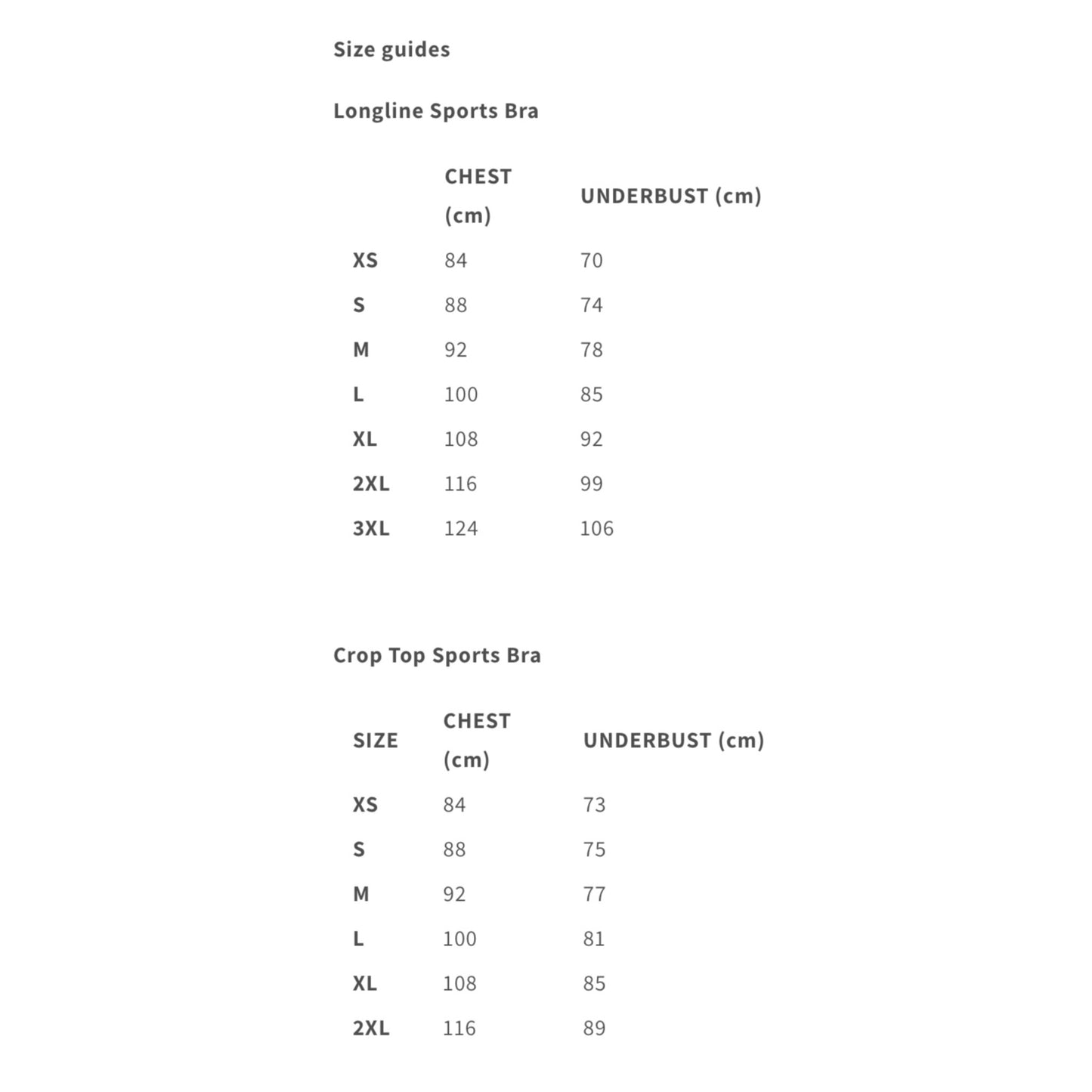 Size charts for long line sports bras and crop tops