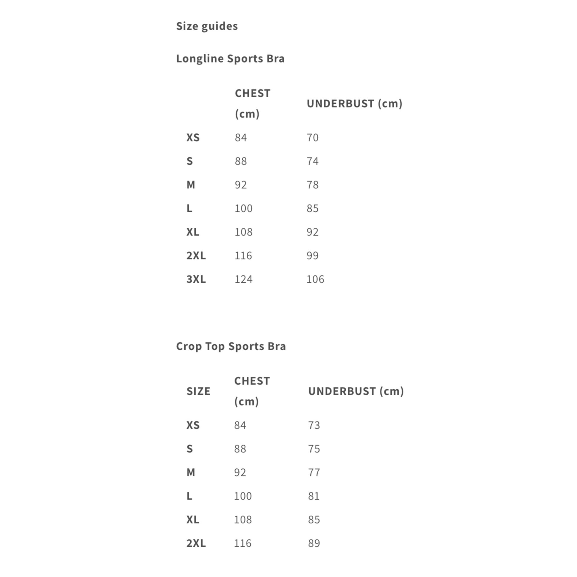 Size charts for long line sports bras and crop tops