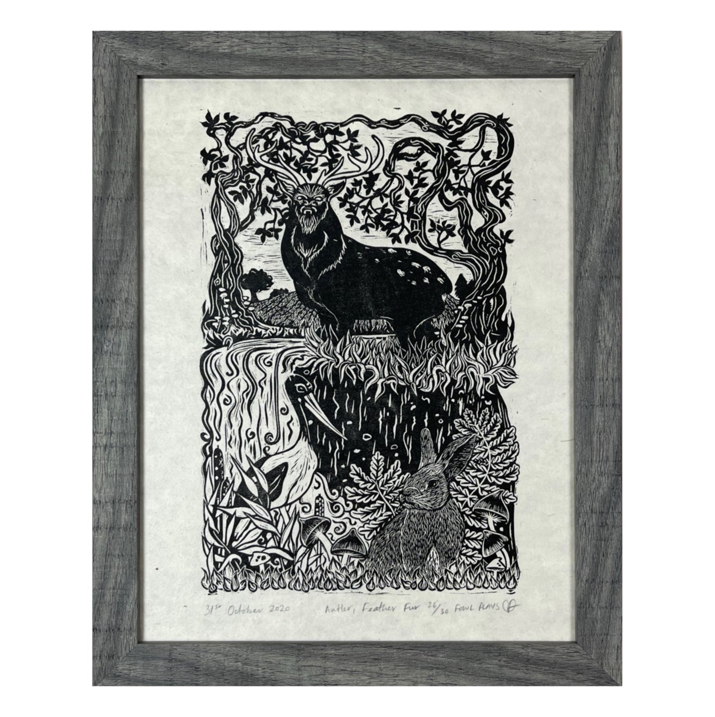 SALE Stag Stork Rabbit Lino Print