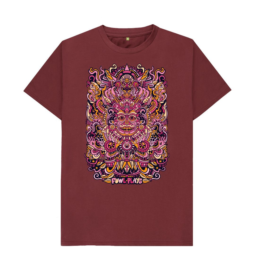 Organic Cotton Red Wine T-shirt featuring a Psychedelic Mask Red Edition by Fowl Plays - Sustainable Fashion and Art At Fowl Plays