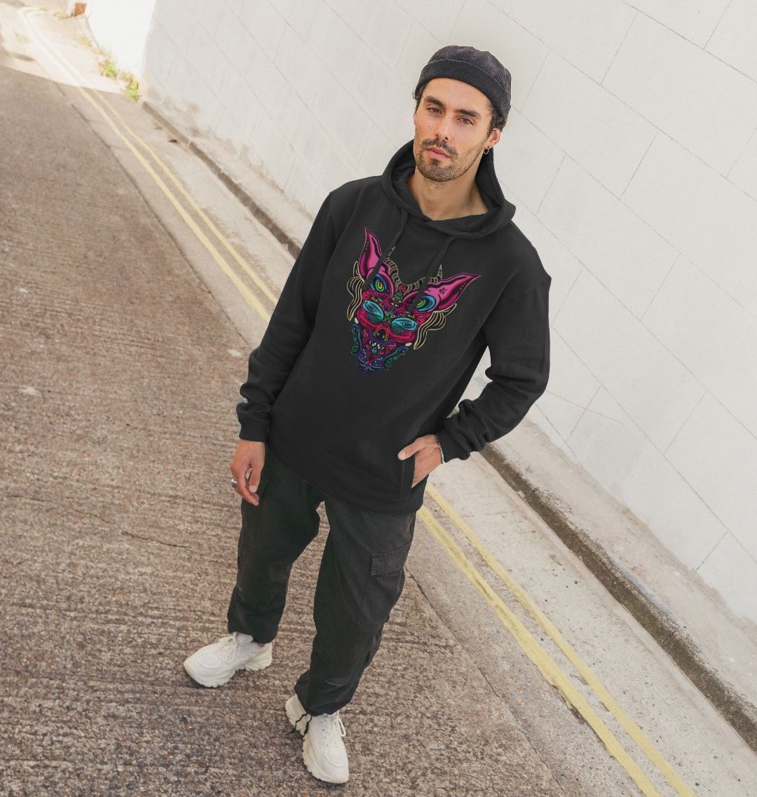 Organic Cotton Black Hoodie featuring Cyberpunk Dog Boy Pink by Fowl Plays - Sustainable Fashion and Art At Fowl Plays.