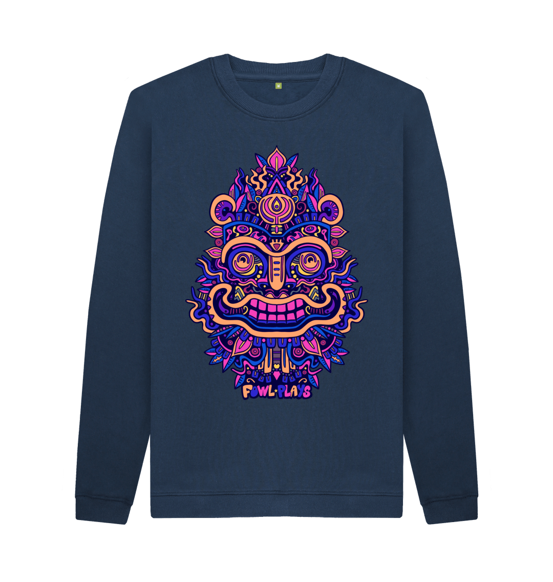 Navy Blue Smiling Mask Organic Cotton Unisex Sweater Purple Print