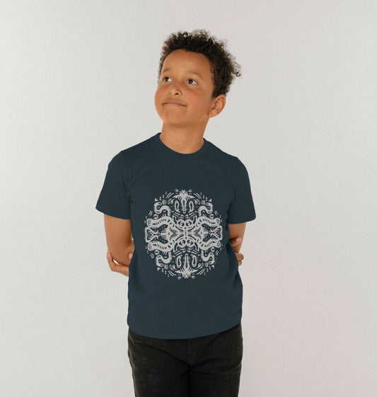 Organic Cotton Denim Blue Kids T-shirt featuring Squid Games White by Fowl Plays - Sustainable Fashion and Art At Fowl Plays