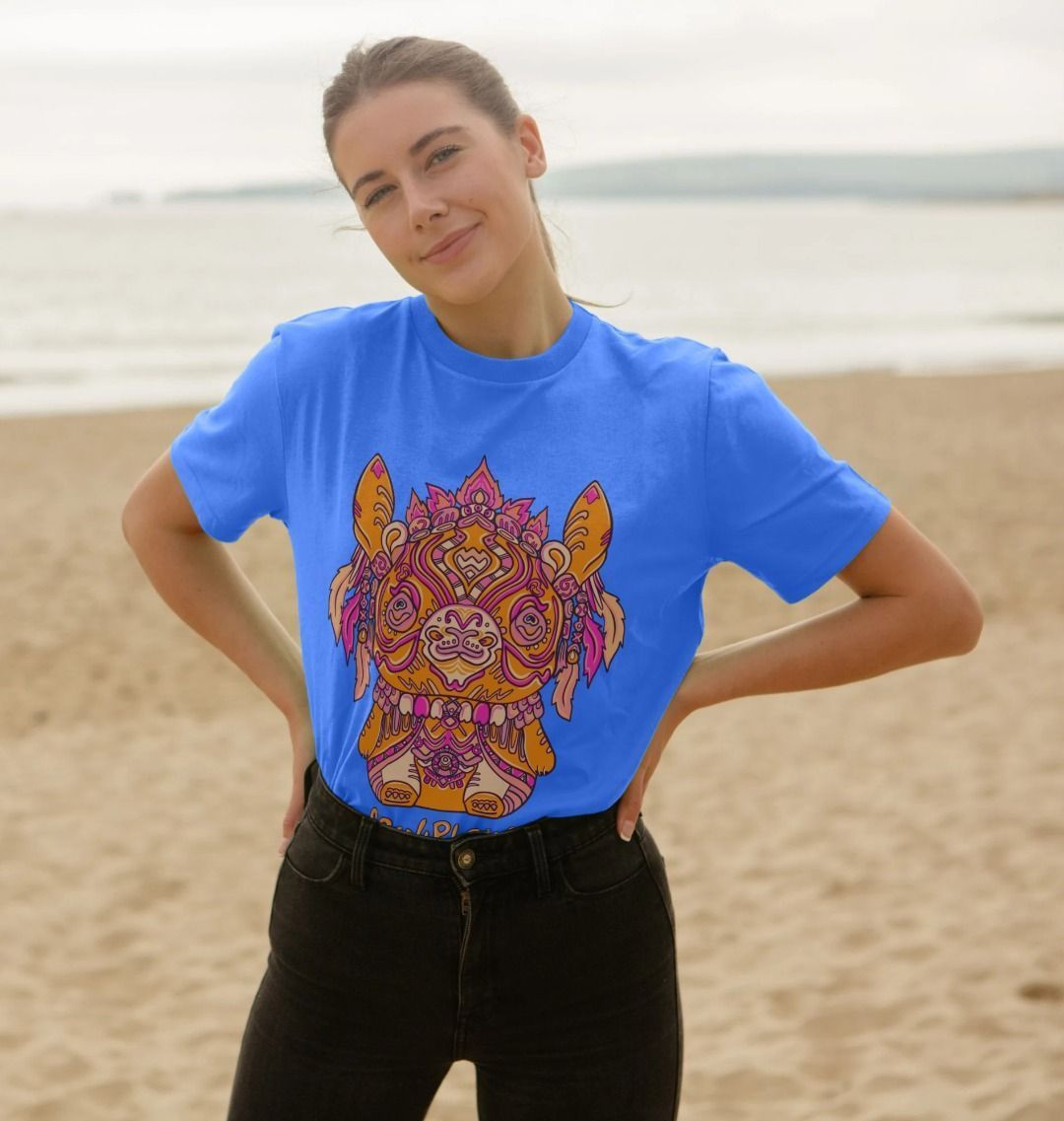 Organic Cotton Bright Blue T-shirt featuring a Bunny Bear Forest Spirit by Fowl Plays - Sustainable Fashion and Art At Fowl Plays