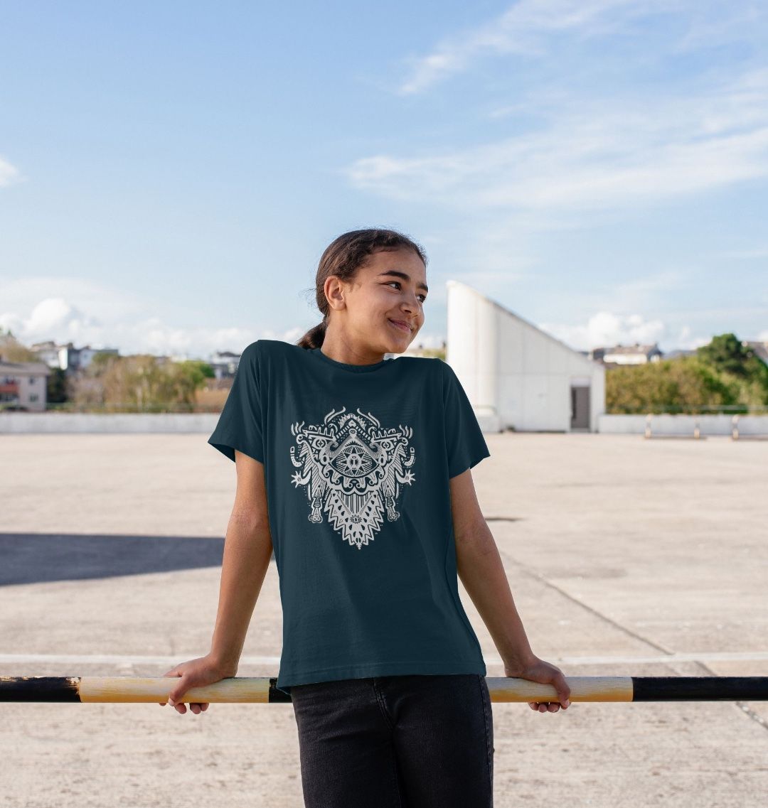 Organic Cotton Denim Blue Kids T-shirt featuring Witch Doctor White Print by Fowl Plays - Sustainable Fashion and Art At Fowl Plays