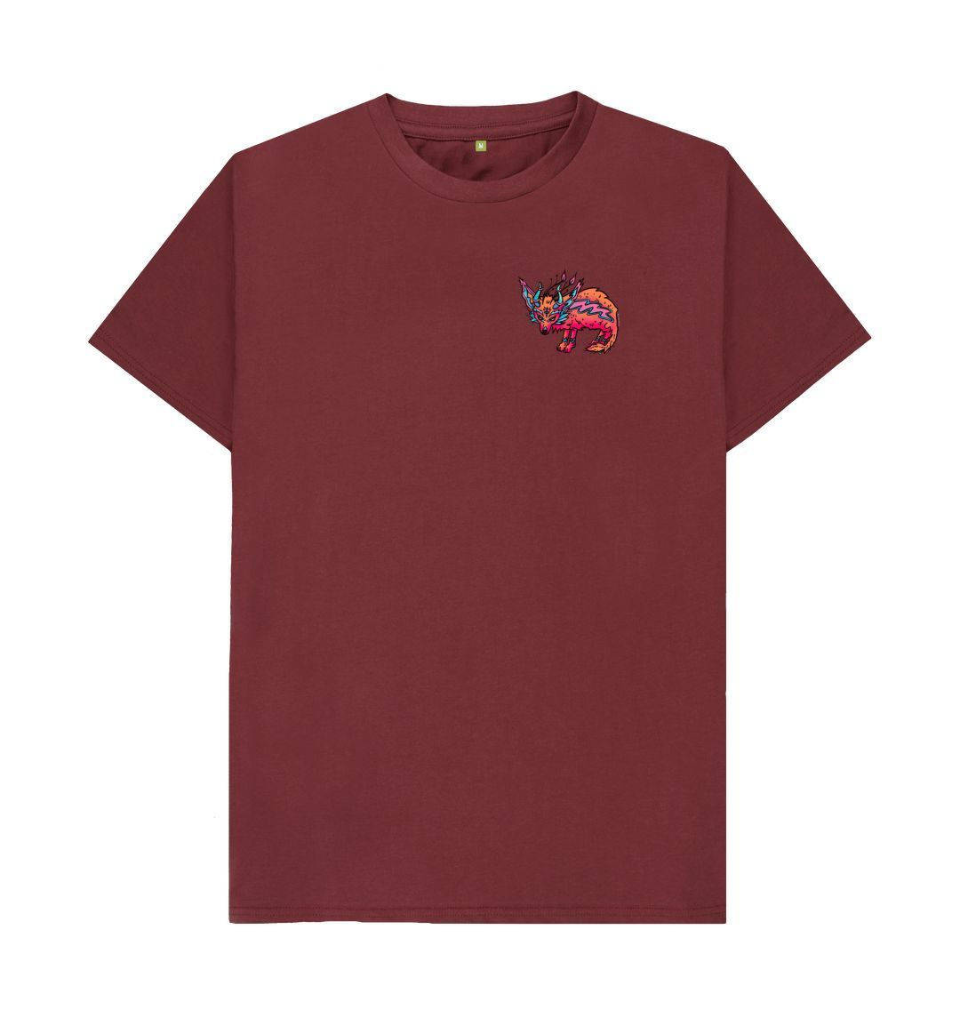 Organic Cotton Red Wine T-shirt featuring a fantasy Fennec Fox by Fowl Plays - Sustainable Fashion and Art At Fowl Plays