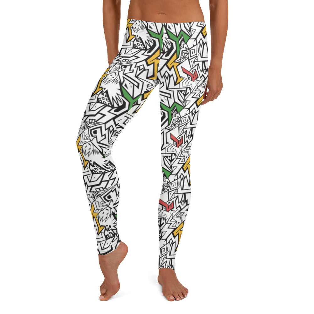 Smile At Life Bold Patterned Leggings White Red Gold Green