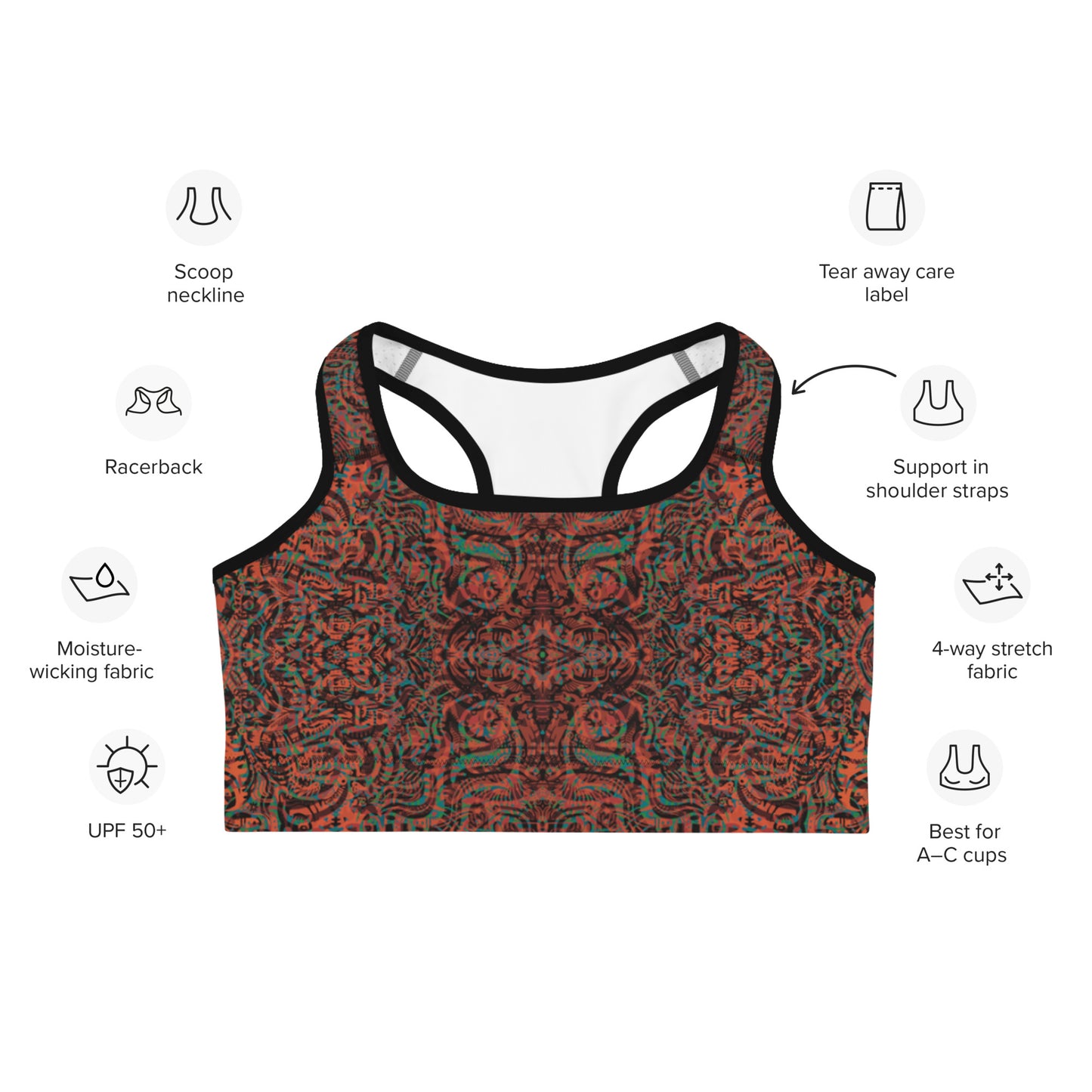 Psychedelic Kaleidoscope Sports Bra Burnt Orange