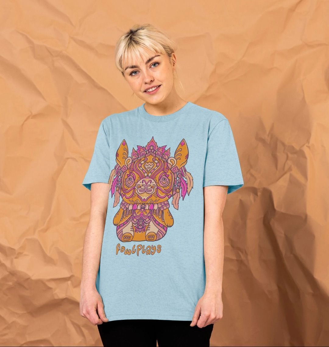 Organic Cotton Light Blue Recycled T-shirt featuring a Bunny Bear Forest Spirit by Fowl Plays - Sustainable Fashion and Art At Fowl Plays