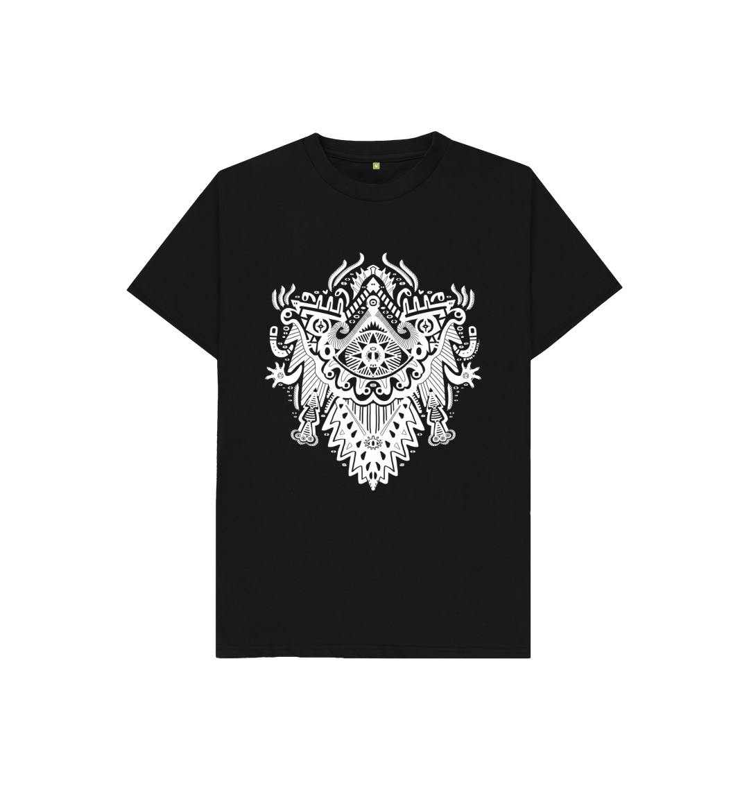 Organic Cotton Black Kids T-shirt featuring Witch Doctor White Print by Fowl Plays - Sustainable Fashion and Art At Fowl Plays