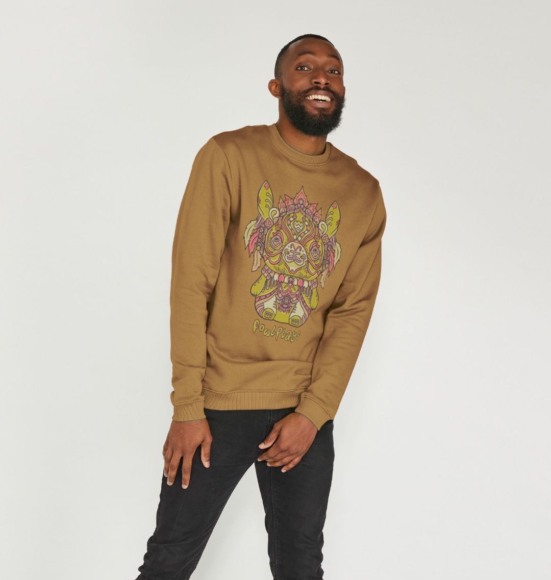 Organic Cotton Brown Sweater featuring a Bunny Bear Forest Spirit by Fowl Plays - Sustainable Fashion and Art At Fowl Plays