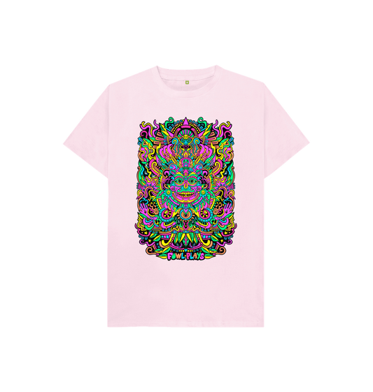 Organic Cotton Pink Kids T-shirt featuring a Psychedelic Mask Bright Pastel Edition by Fowl Plays - Sustainable Fashion and Art At Fowl Plays