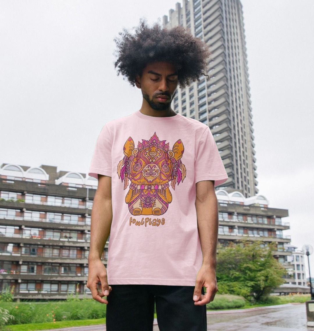 Organic Cotton Pink T-shirt featuring a Bunny Bear Forest Spirit by Fowl Plays - Sustainable Fashion and Art At Fowl Plays