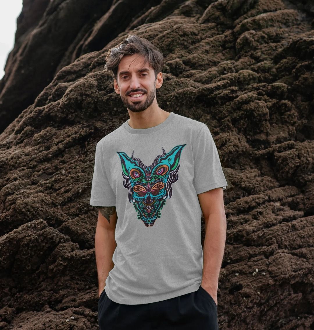 Organic Cotton Grey Recycled T-shirt featuring Cyberpunk Dog Boy by Fowl Plays - Sustainable Fashion and Art At Fowl Plays