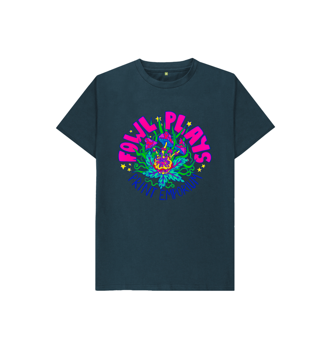 Fowl Plays Print Emporium Mushroom Delight by Fowl Plays on Denim Blue Kids Organic Cotton Unisex T-shirt Sustainable Fashion and Art At Fowl Plays