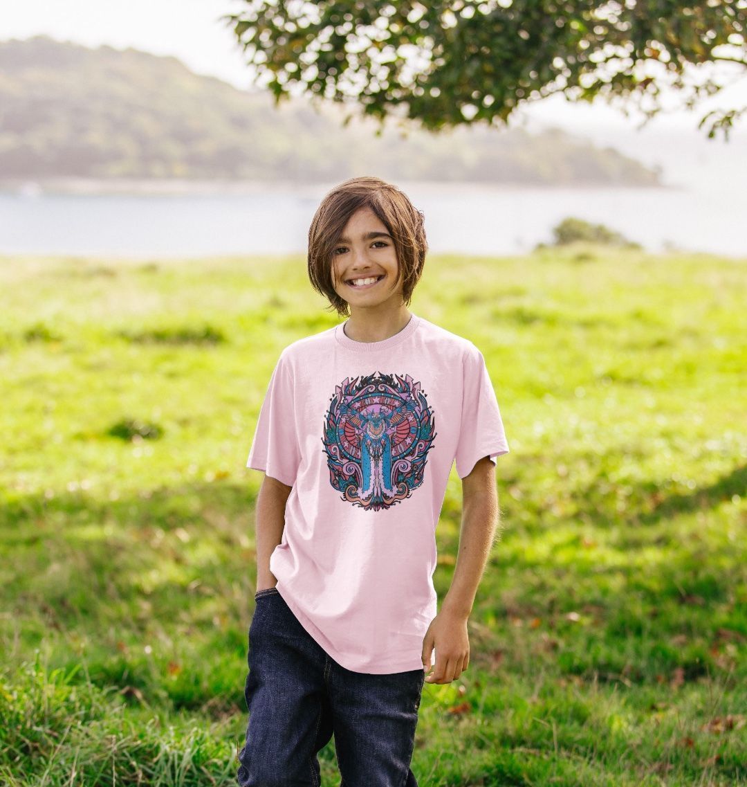 Flying Fire Lion by Fowl Plays on Kids Pink Organic Cotton Unisex T-shirt Sustainable Fashion and Art At Fowl Plays