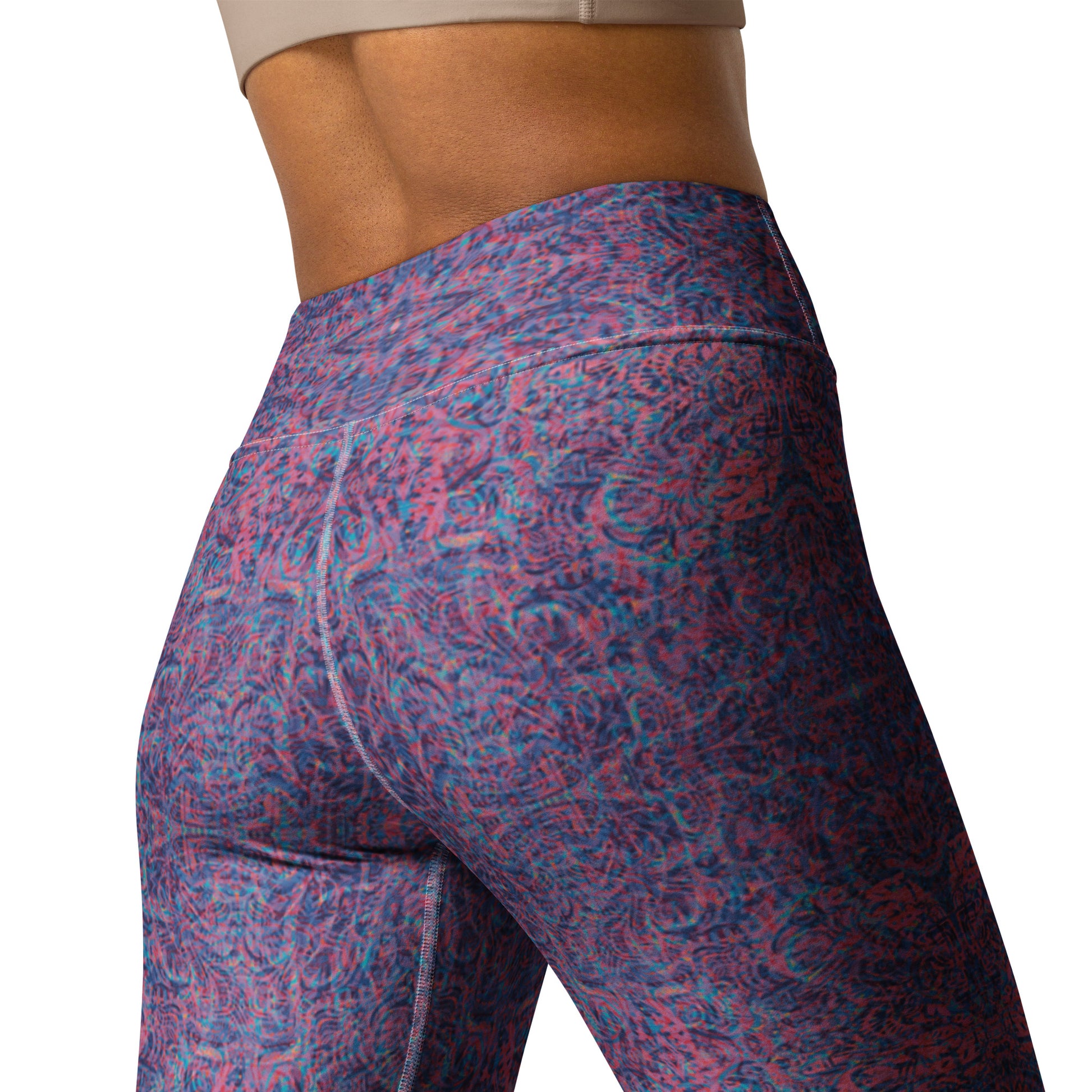 baby blue and pink tribal kaleidoscope patterned leggings, psychedelic festival design by Fowl Plays Print Emporium.