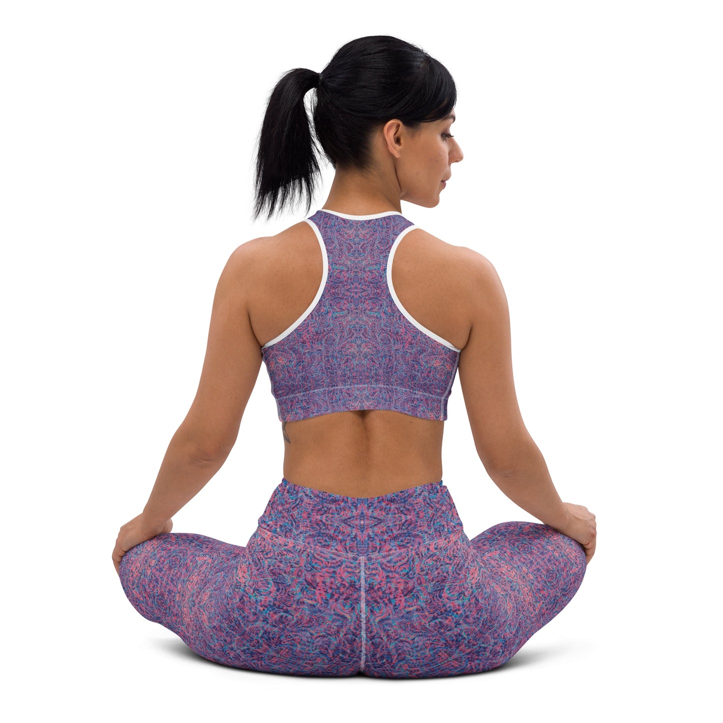 baby blue and pink tribal kaleidoscope patterned leggings and crop top , psychedelic festival design by Fowl Plays Print Emporium.