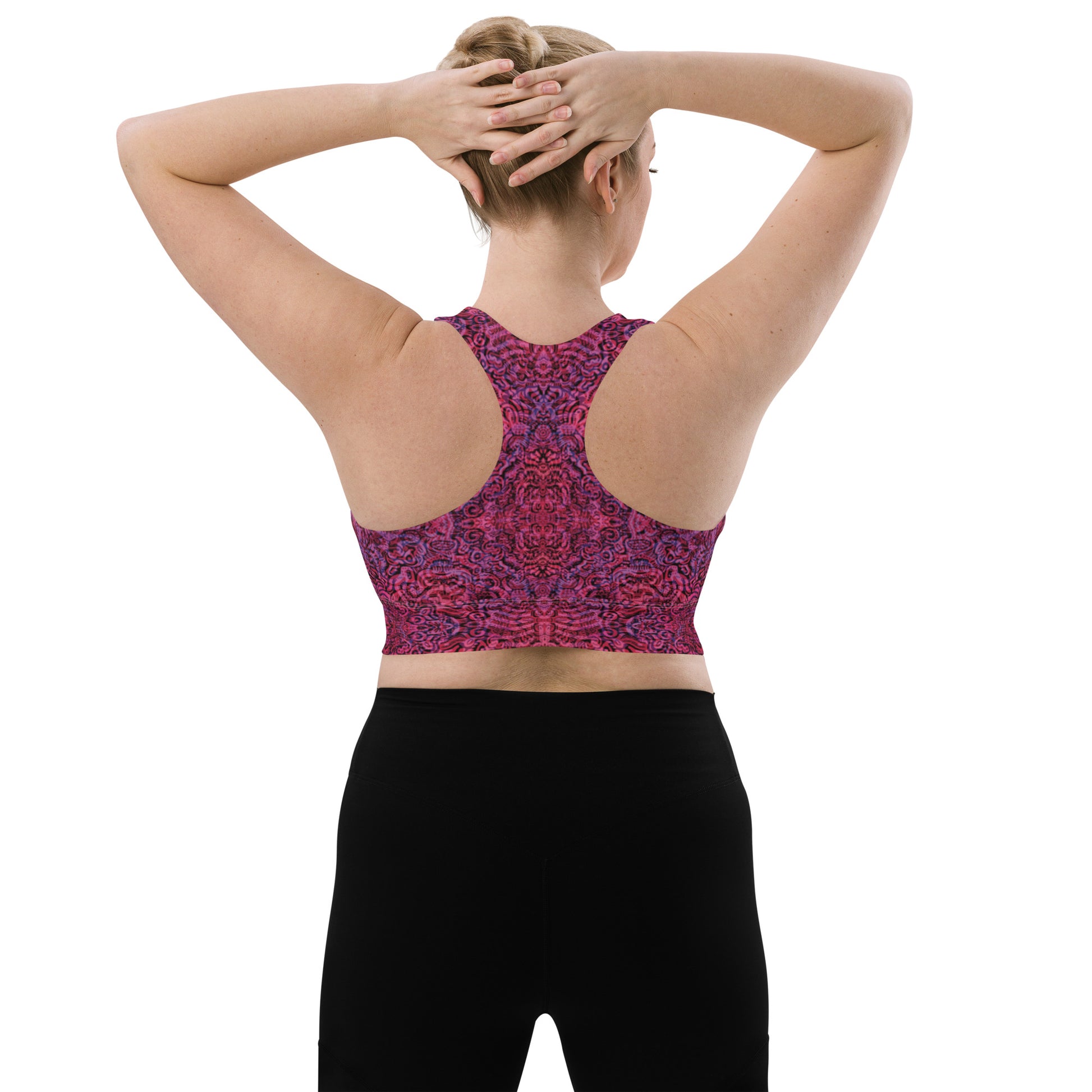 Purple and magenta bones print crop top – Magenta Bones Edition by Fowl Plays Print Emporium. back of plus size sports bra