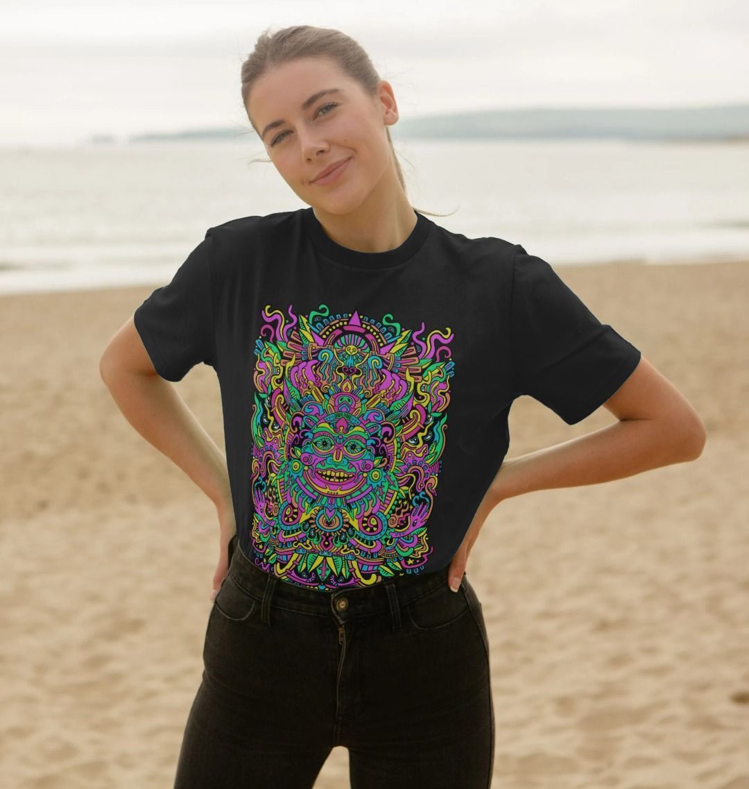 Organic Cotton Black T-shirt featuring a Psychedelic Mask Bright Pastel Edition by Fowl Plays - Sustainable Fashion and Art At Fowl Plays