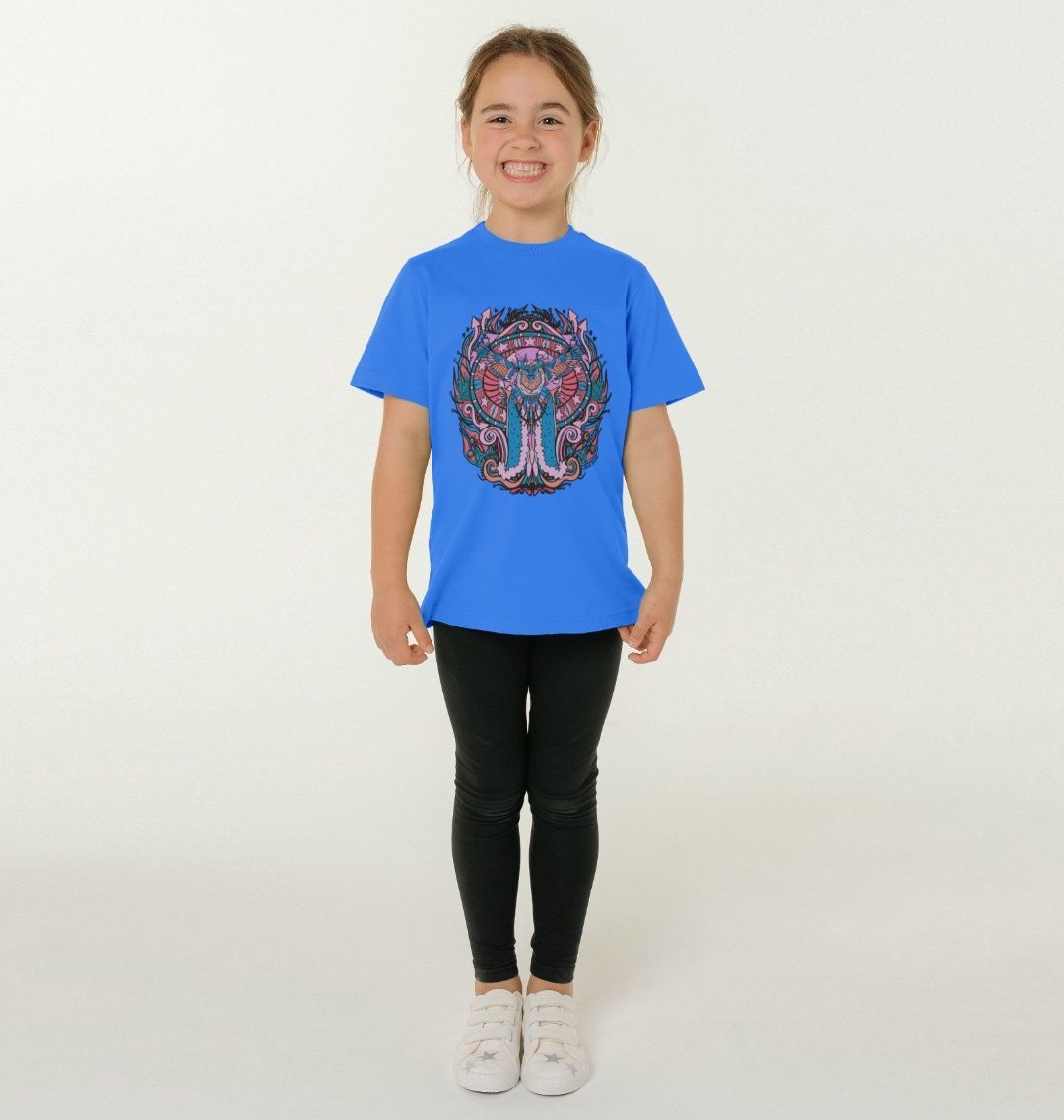 Flying Fire Lion by Fowl Plays on Kids Bright Blue Organic Cotton Unisex T-shirt Sustainable Fashion and Art At Fowl Plays