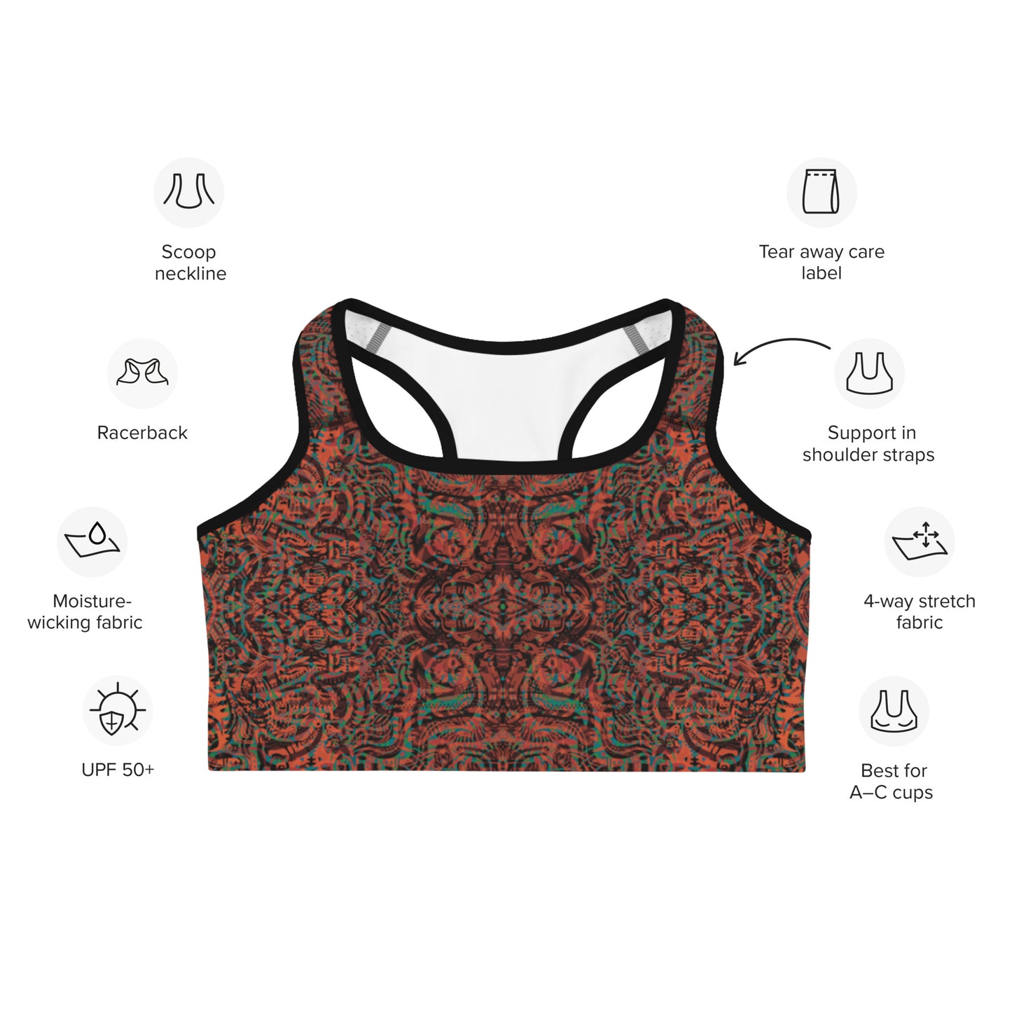 Festival-ready sustainable crop top in recycled fabric, orange and green design.