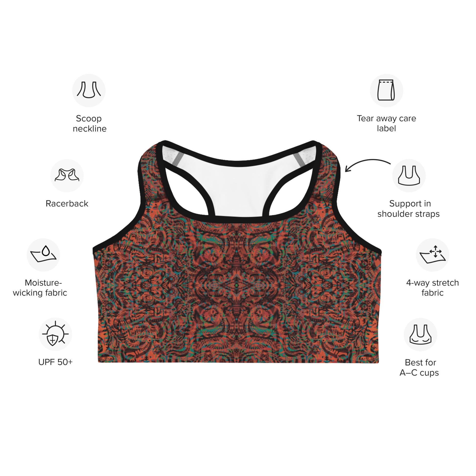 Festival-ready sustainable crop top in recycled fabric, orange and green design.