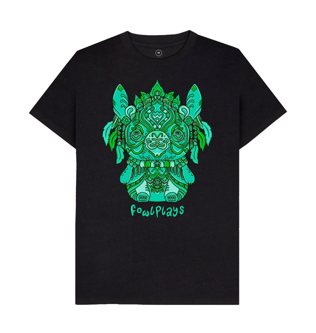 Organic Cotton Black Recycled T-shirt featuring a Bunny Bear Forest Spirit by Fowl Plays - Sustainable Fashion and Art At Fowl Plays