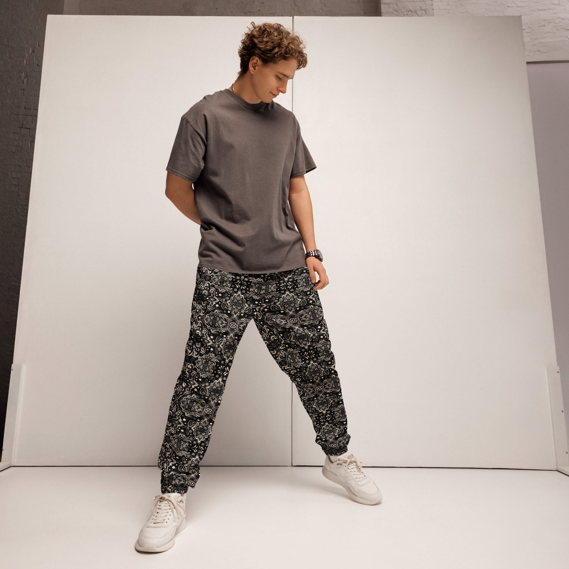 Black and white Catnip Joggers – unisex festival streetwear by Fowl Plays Print Emporium