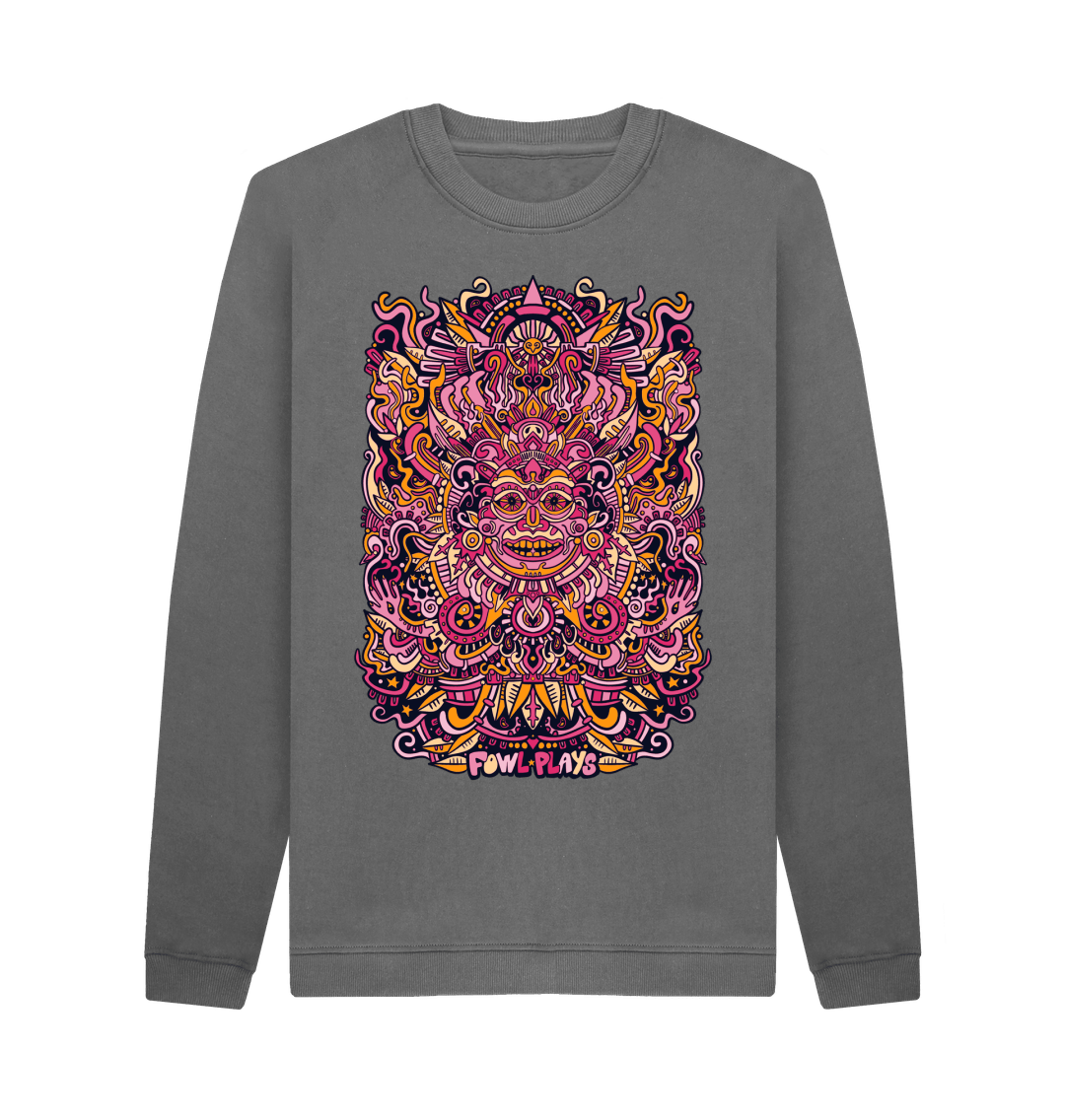 Slate Grey Psychedelic Mask Organic Cotton Unisex Sweater Fire Print