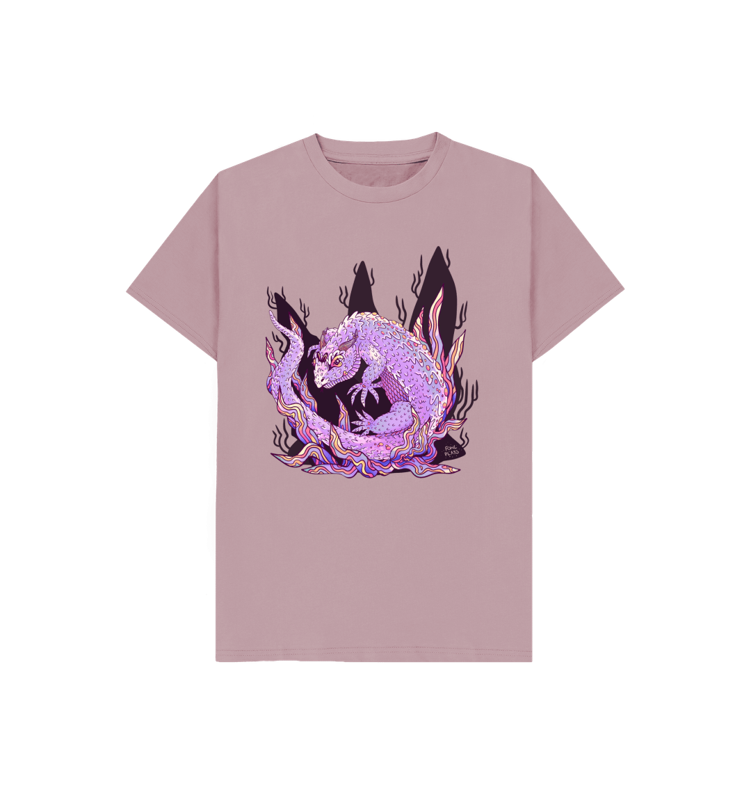 Organic Cotton Kids Mauve T-shirt featuring an Armadillo Lizard by Fowl Plays - Sustainable Fashion and Art At Fowl Plays.