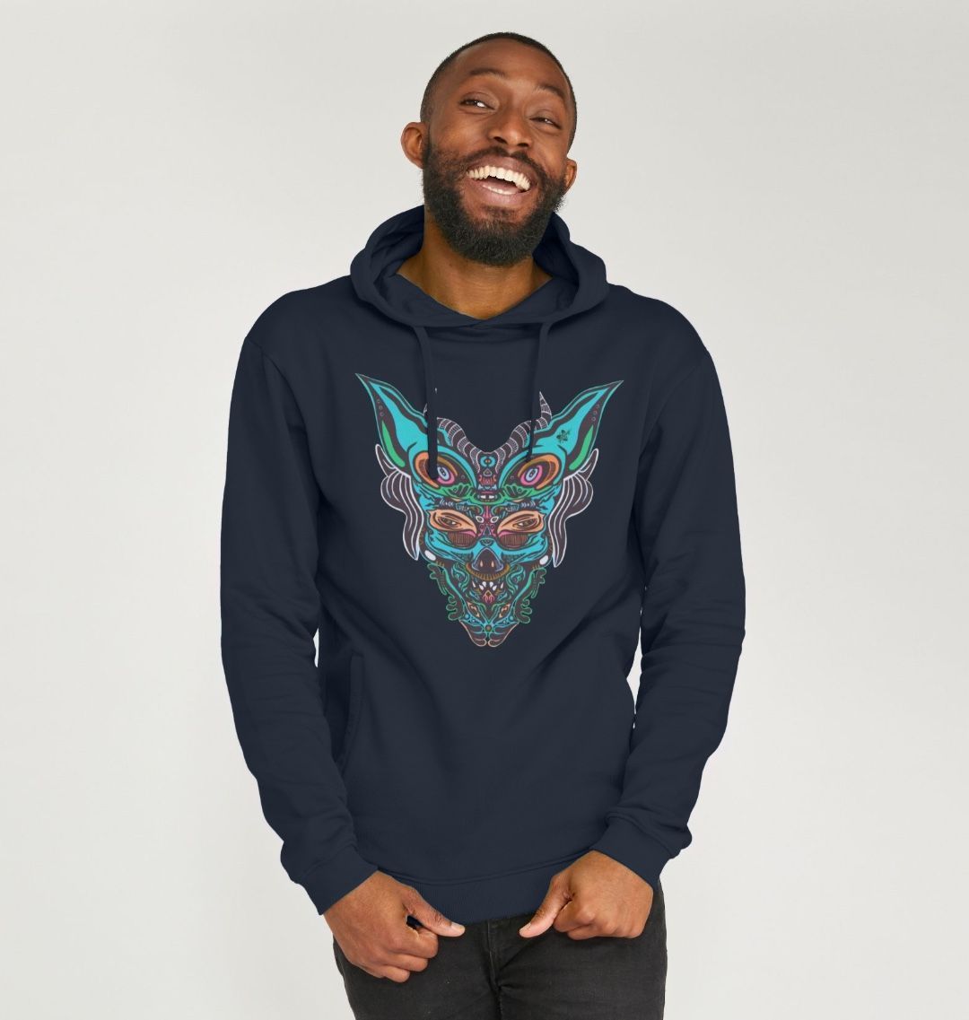 Organic Cotton Navy Blue Hoodie featuring Cyberpunk Dog Boy Blue by Fowl Plays - Sustainable Fashion and Art At Fowl Plays.