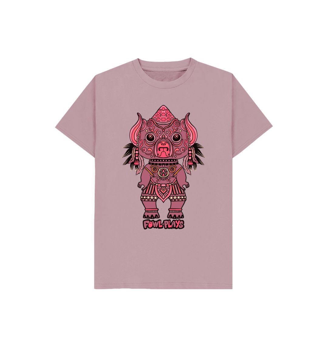 Organic Cotton Mauve Kids T-shirt featuring Tribal Pig Statue by Fowl Plays - Sustainable Fashion and Art At Fowl Plays