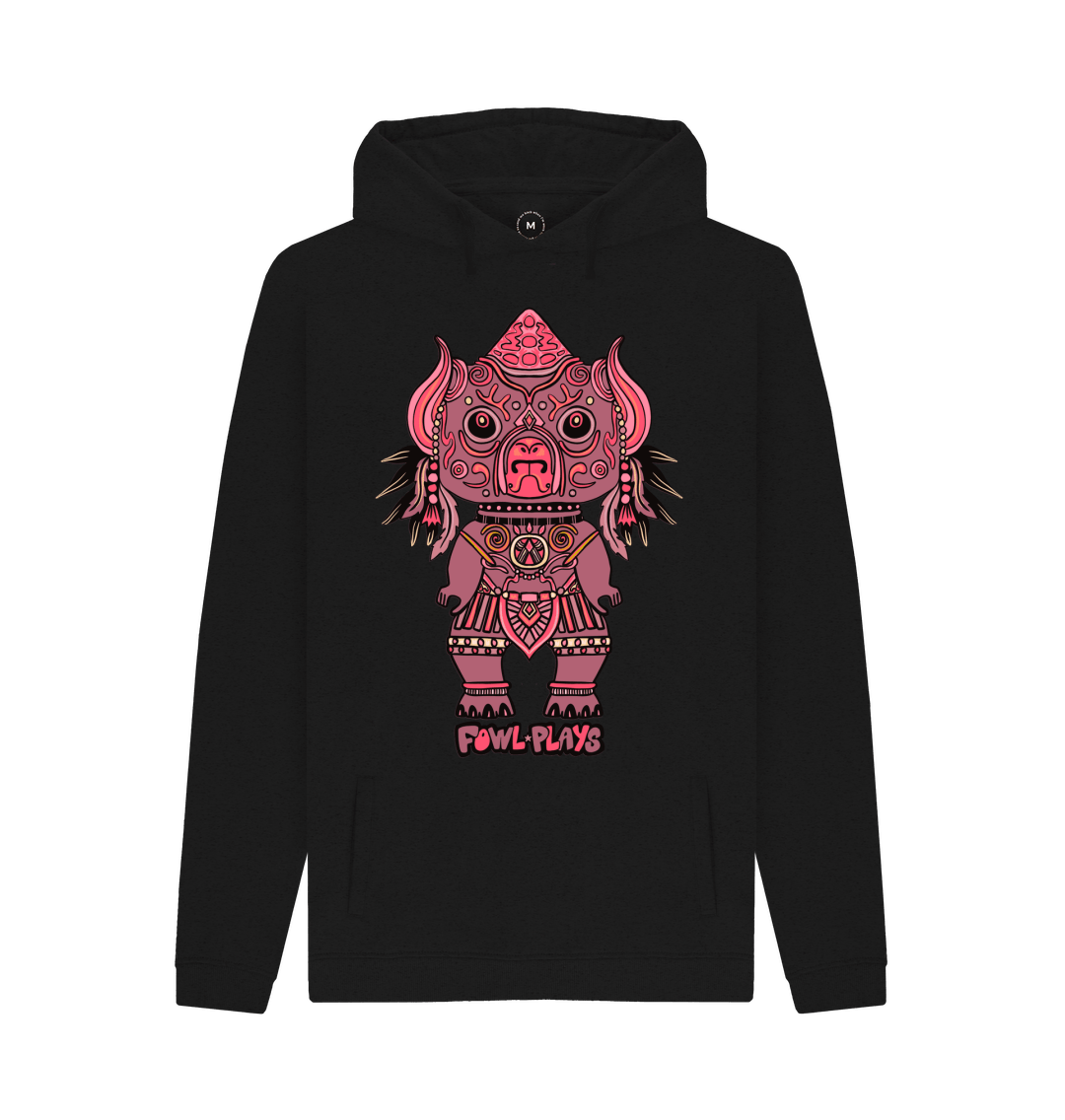 Organic Cotton Black Recycled Hoodie featuring Tribal Pig Statue by Fowl Plays - Sustainable Fashion and Art At Fowl Plays.