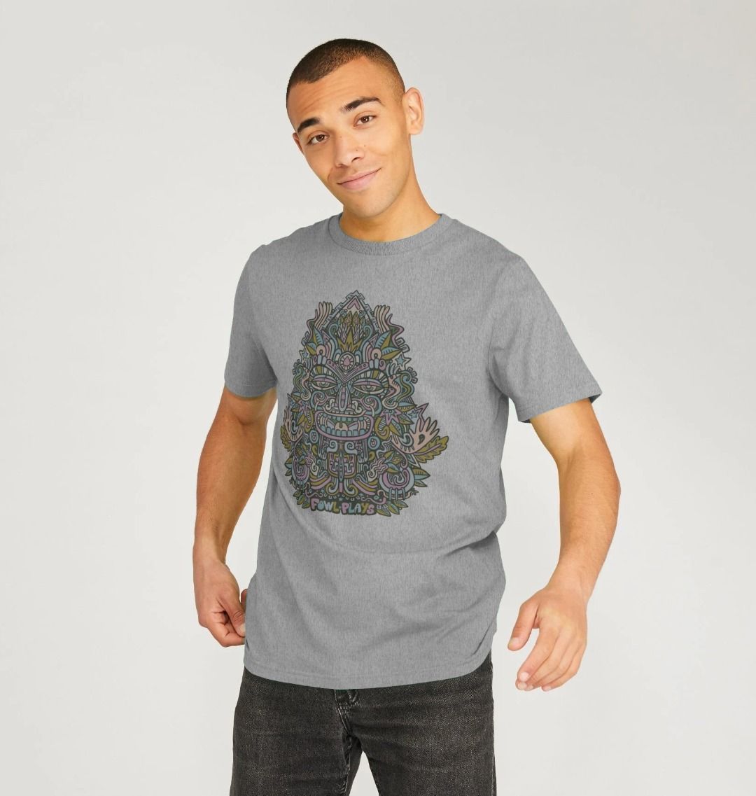 Organic Cotton Athletic Grey T-shirt featuring Triangular Mask Autumnal by Fowl Plays - Sustainable Fashion and Art At Fowl Plays