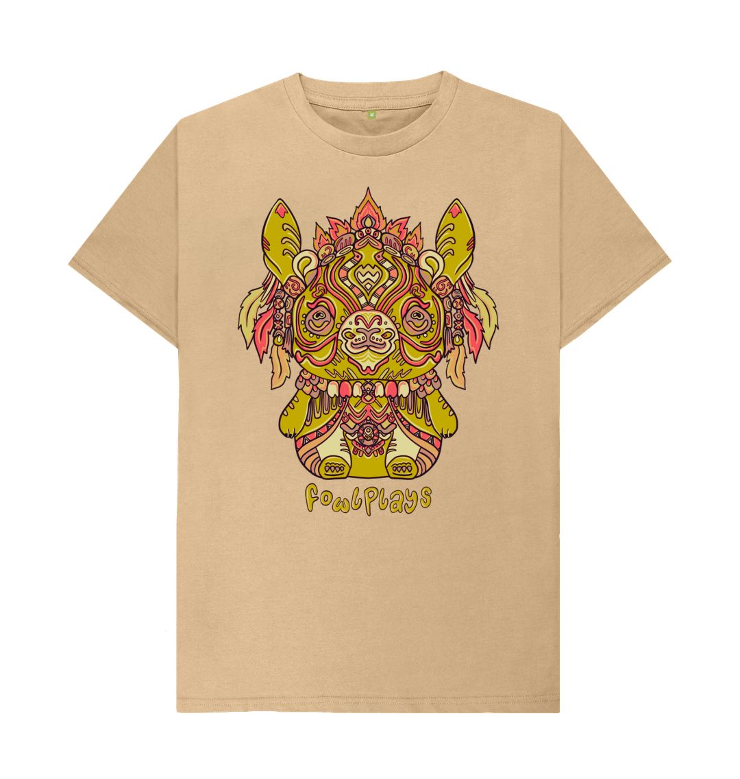 Organic Cotton Sand T-shirt featuring a Bunny Bear Forest Spirit by Fowl Plays - Sustainable Fashion and Art At Fowl Plays.