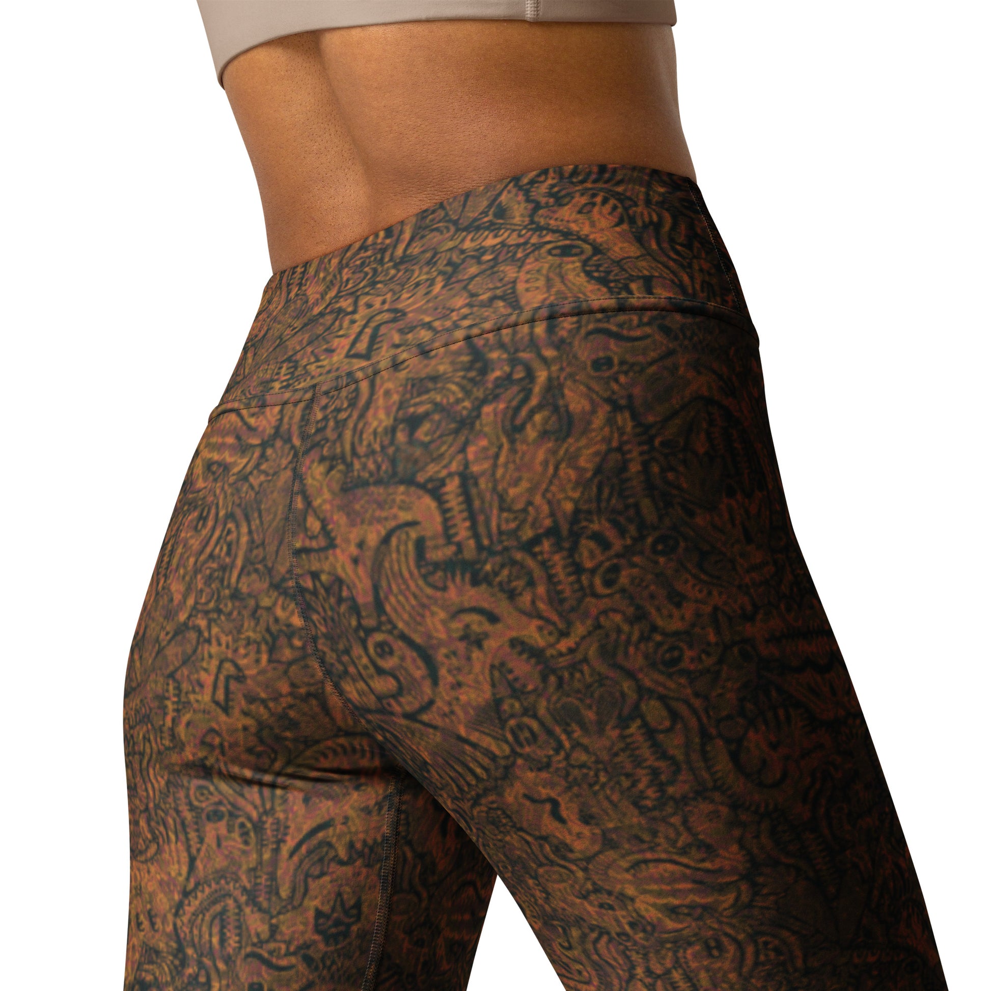 Brown and orange dinosaur doodle leggings Nan Edition by Fowl Plays Print Emporium.