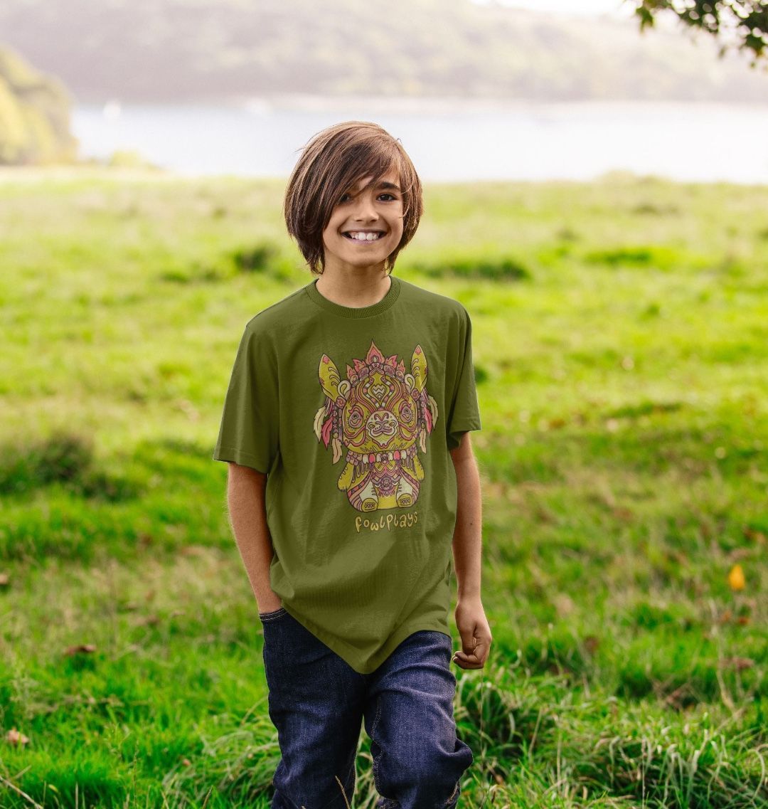 Cotton Moss Green Kids T-shirt featuring a Bunny Bear Forest Spirit by Fowl Plays - Sustainable Fashion and Art At Fowl Plays.