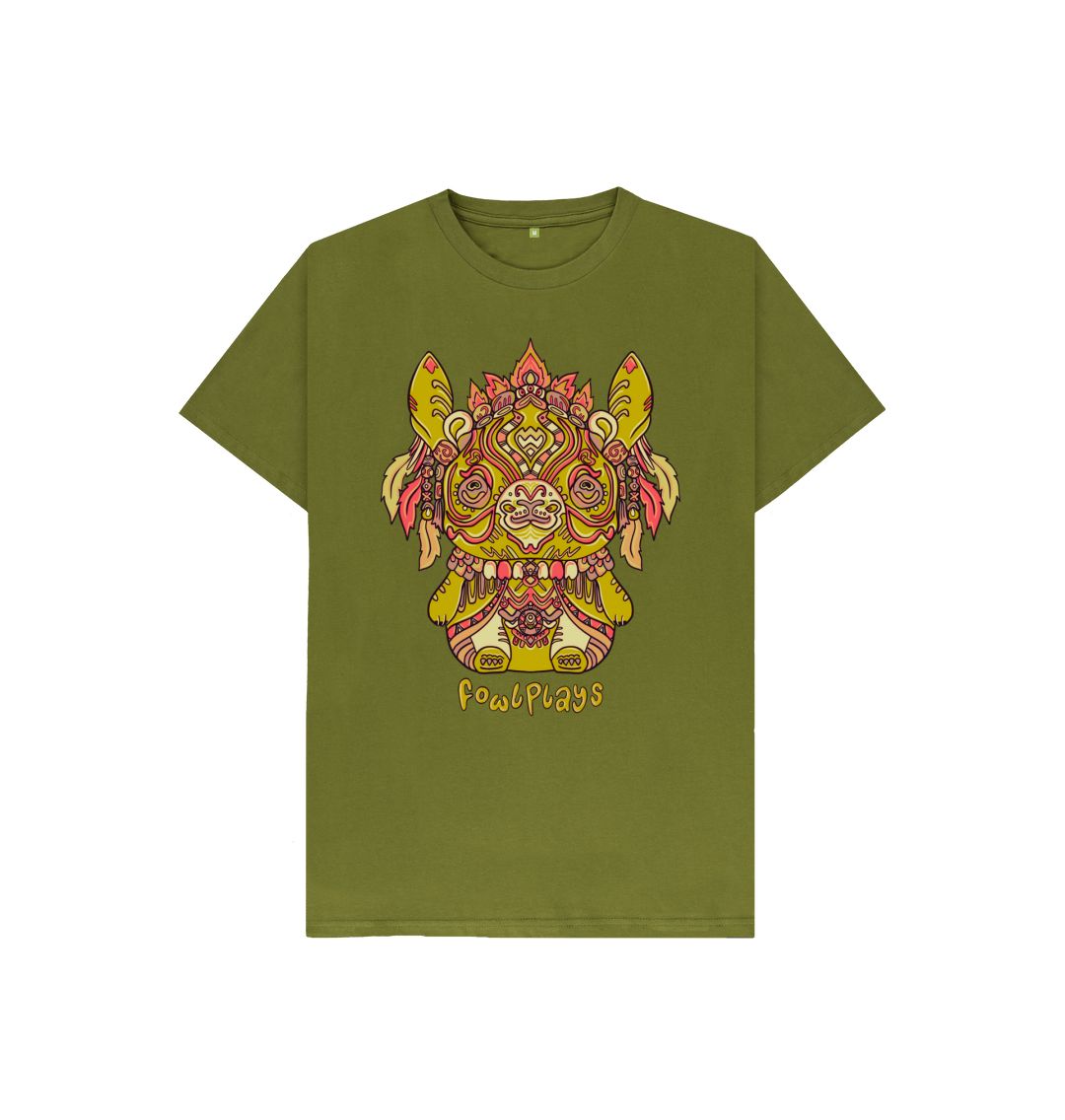 Cotton Moss Green Kids T-shirt featuring a Bunny Bear Forest Spirit by Fowl Plays - Sustainable Fashion and Art At Fowl Plays.